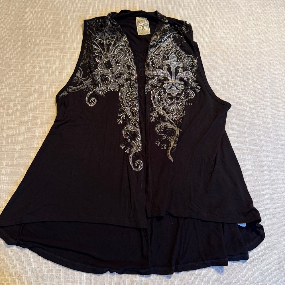Vocal Womens Fleur De Lis Rhinestone High Low Tank Top Black Large 6857T